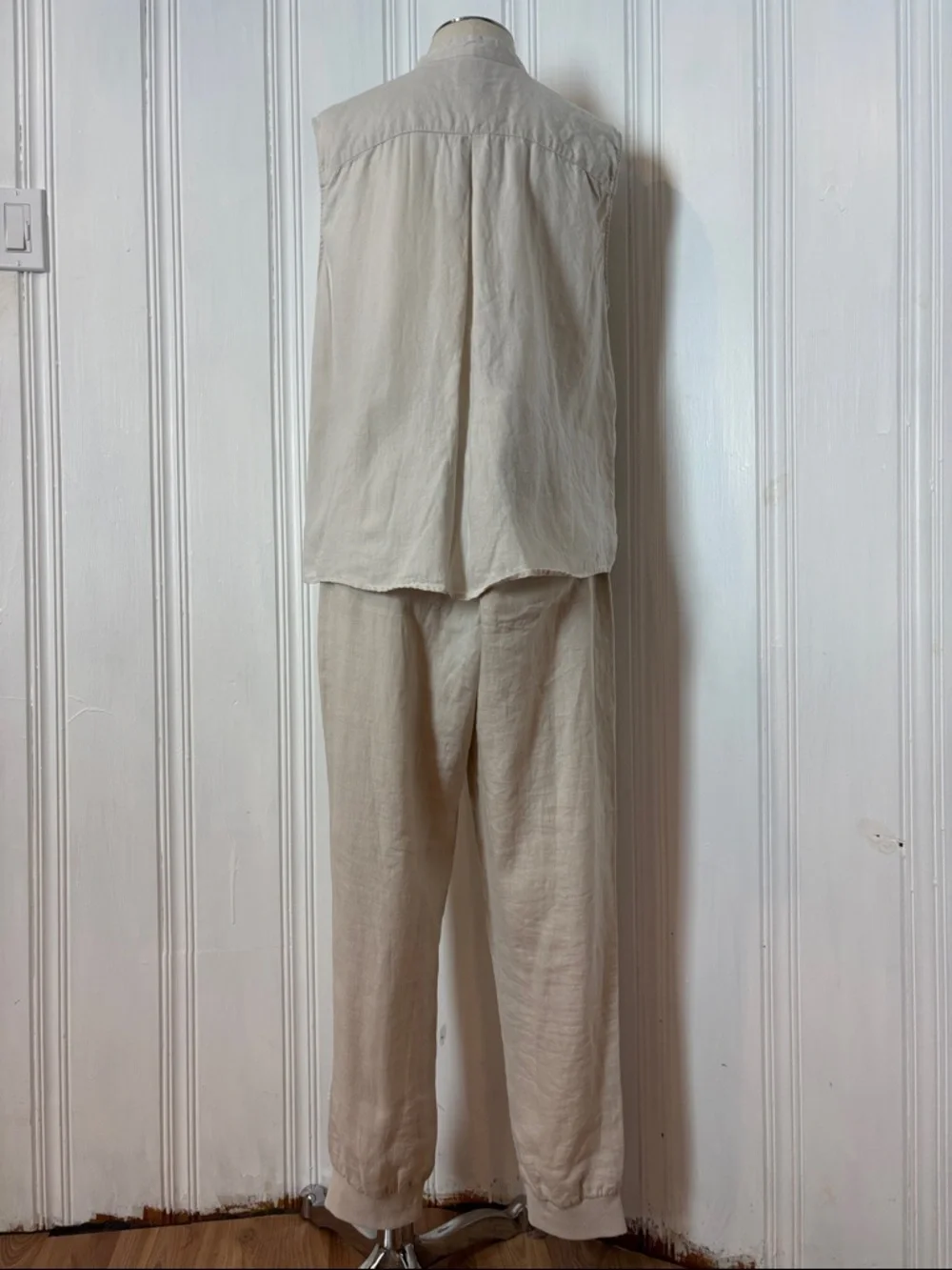 TRISTAN 100% Linen Set | Beige Jogger Pants & Sleeveless Button Shirt | Size XL - Picture 3 of 13